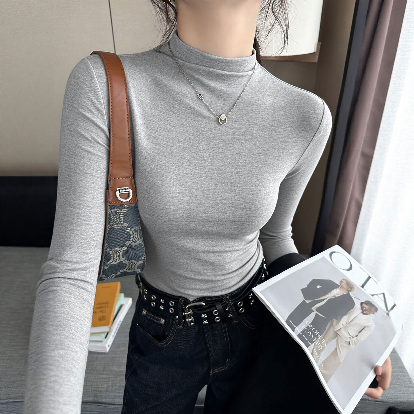 灰色修身打底衫女秋冬莫代尔打底内搭t恤紧身长袖上衣