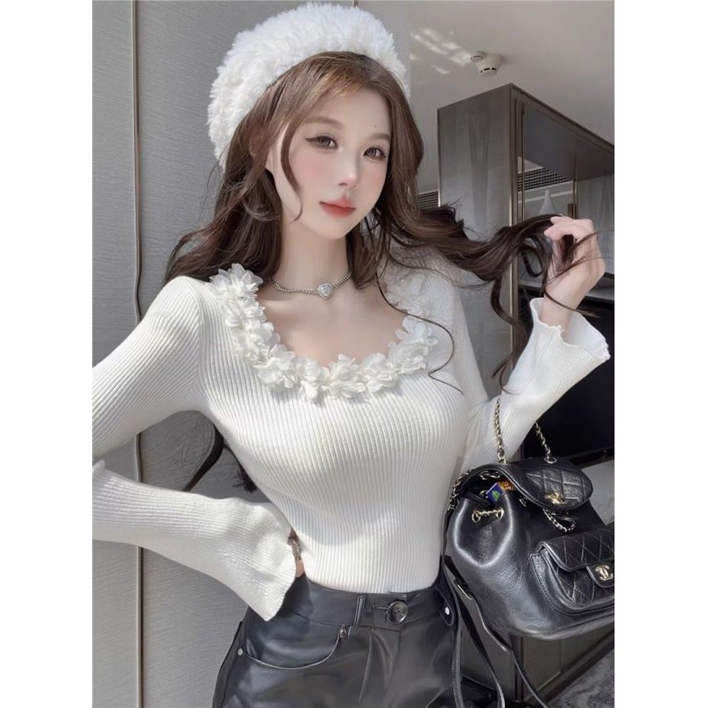 春秋设计感小众高级感气质甜美立体花朵针织衫女法式打底长袖上衣