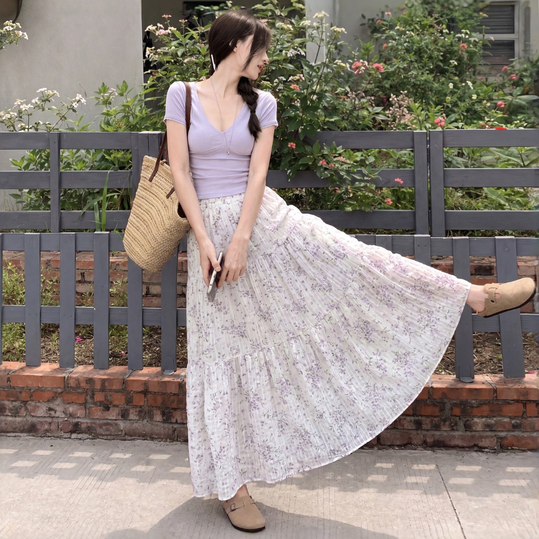 法式碎花半身裙女夏季高腰a字长裙复古垂感显瘦百搭印花蓬蓬裙子