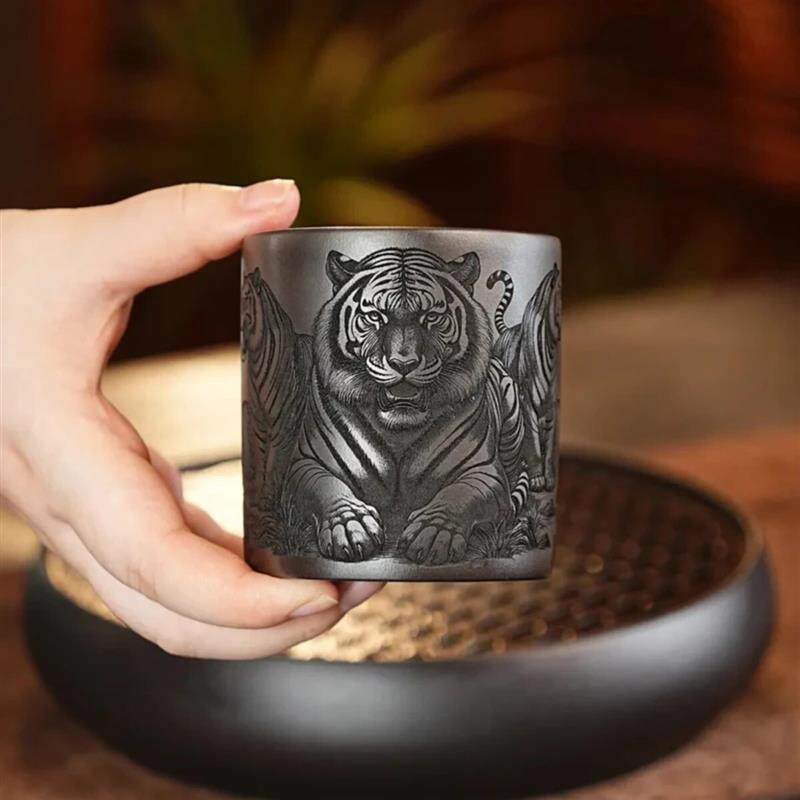 荔香百货餐饮具杯子原矿精五虎图紫砂杯容量200毫升茶具浮雕刻绘