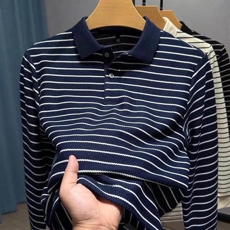 EIbaph轻奢男装品质轻奢黑白条纹长袖T恤男翻领休闲内搭衣polo衫