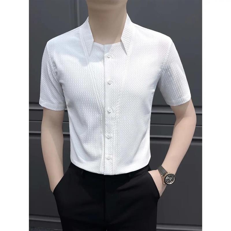 鼎尚服饰夏v领衬衫短袖爆款痞帅高级感男装商务白色格子男士衬衣