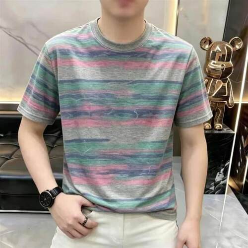 禧予精选2夏季新款男士印花圆领套头短袖T恤彩虹条纹GG546