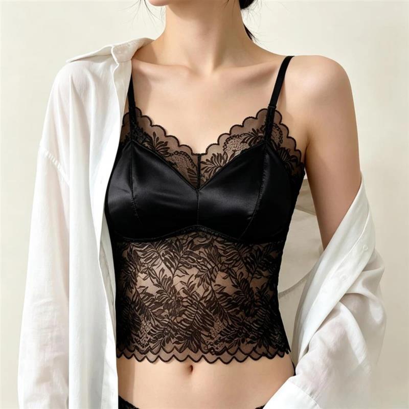2智几严选夏季美背蕾丝吊带背心女带胸垫一体露背性感内搭外穿透