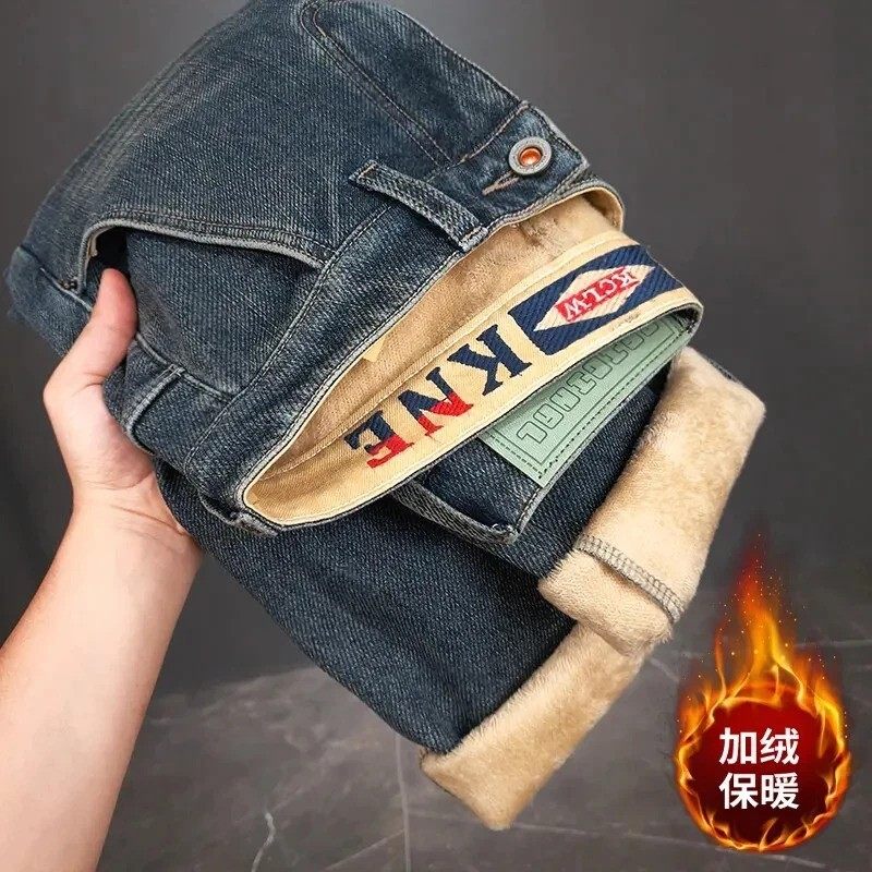 秋冬款男士美式复古牛仔裤加绒新款小直筒长裤高级感潮男裤子九分