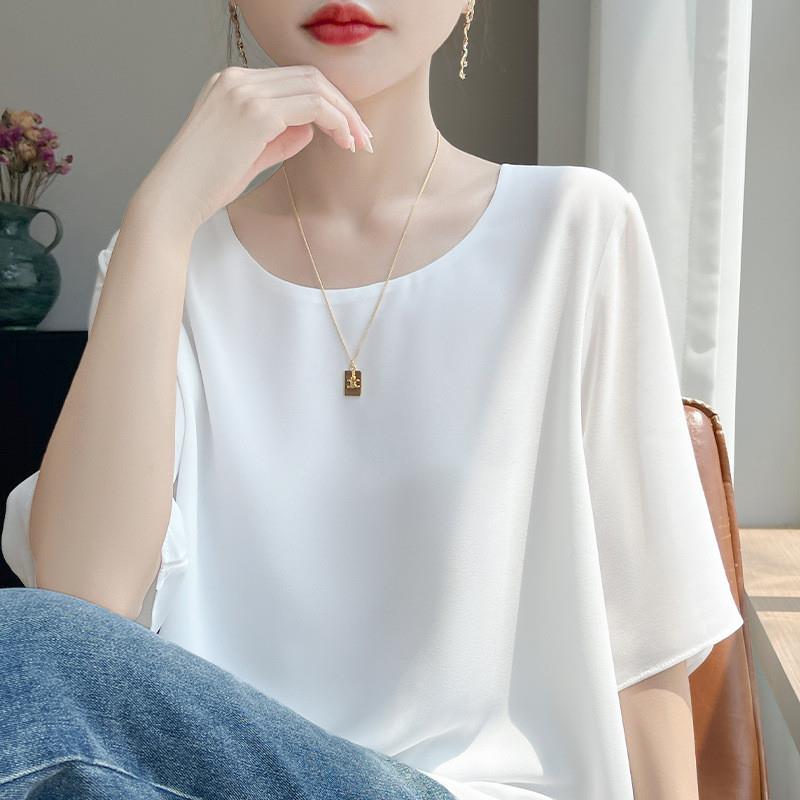专柜正品】新款雪纺衫宽松百搭显瘦乔其纱法式高级感女士圆领短袖