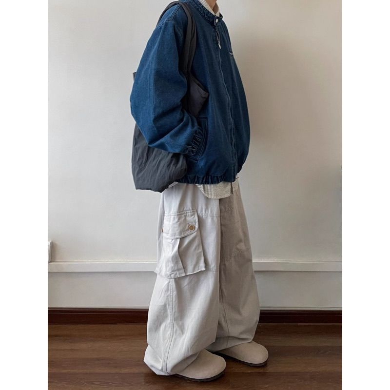 日系复古大口袋阔腿宽松直筒工装休闲裤男女潮流抽绳休闲束脚裤