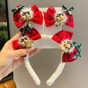 2025新款女款圣诞节红色蝴蝶结铃铛头箍高级洋气时尚儿童外戴发卡