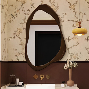 新中式led智能浴室镜卧室桌面化妆镜高级胡桃木色玄关艺术装饰镜