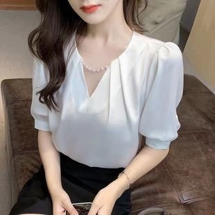 百搭v領(lǐng)泡泡短袖 夏季 設(shè)計感珍珠女上衣寬松顯瘦法式 雪紡襯衫 時尚