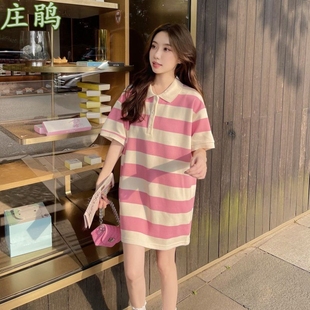 法式 韩系宽松休闲风裙子 甜美粉色条纹polo衫 直筒连衣裙女2024夏季