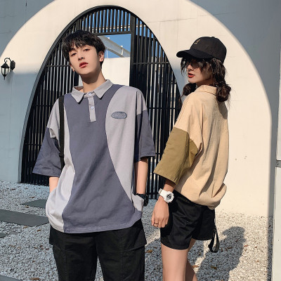 夏装韩版撞色上衣男女学院风polo领短袖女情侣装T恤衫D806-P30