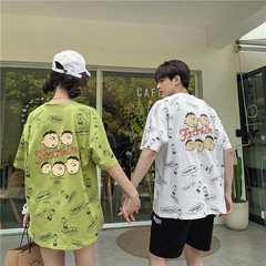 Trendy Hong Kong Style printed short sleeve T-shirt lovers' wear loose half sleeve top clothes for boys and girls