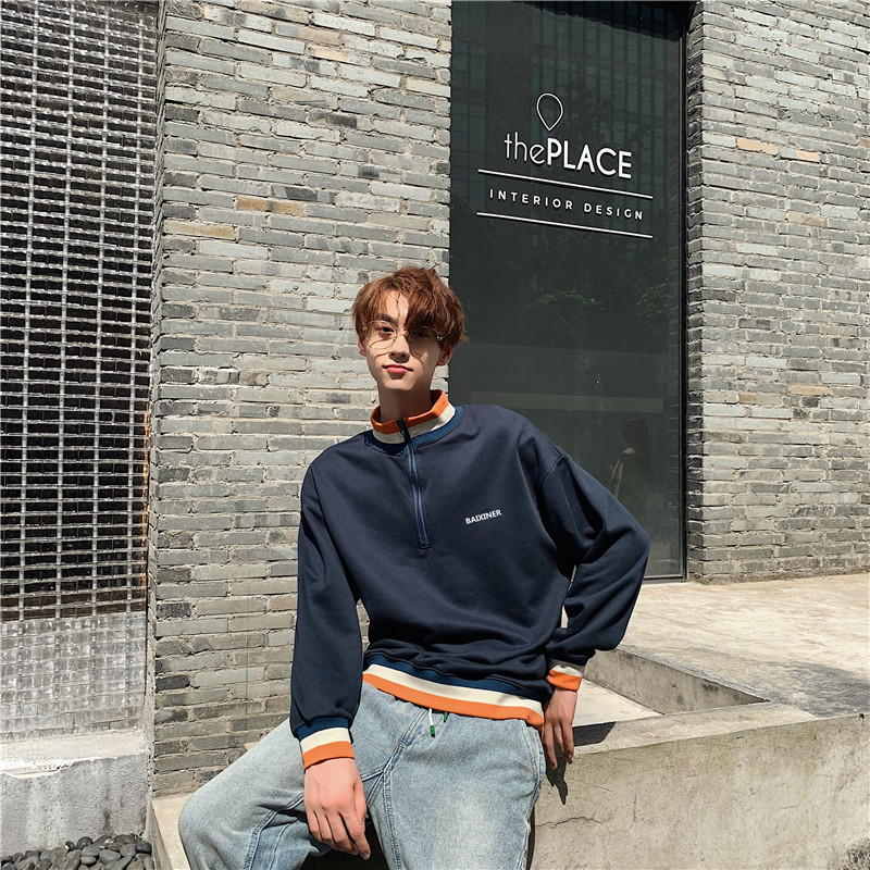 Men's and women's standing collar medium length lovers' wear loose color matching salt long sleeve sweater