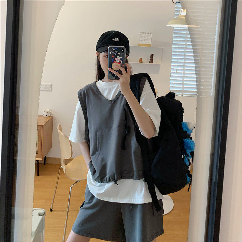 Unisex student clothes loose sleeveless three T-Shirt Top casual sports suit T-shirt