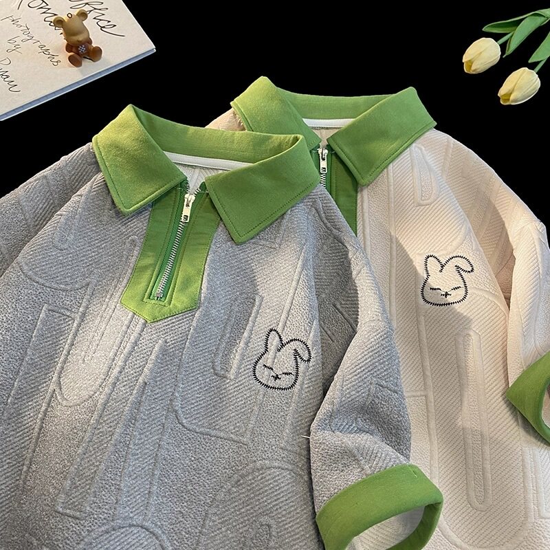 ins港风华夫格撞色提花POLO领兔子刺绣半袖T恤衫5529-P42控55,男装T恤,电商B245A