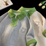 ins港风华夫格撞色提花POLO领兔子刺绣半袖T恤衫5529-P42控55，男装T恤，电商B245A
