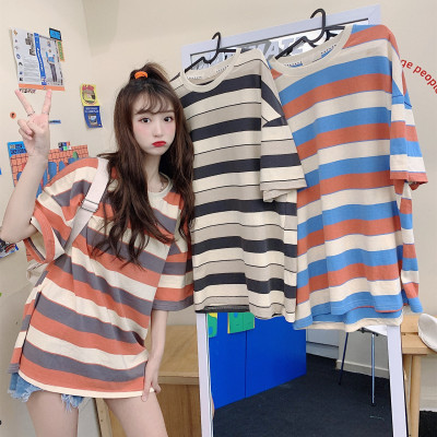 中性款大版半袖宽松上衣拼色条纹短袖T恤女B262-T839-P25