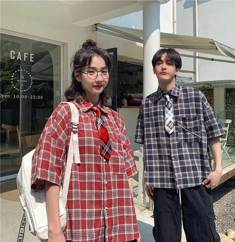 Summer couple student Plaid half sleeve shirt retro style sub shirt