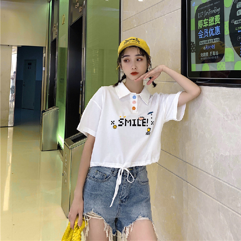 2021 summer Polo neck short sleeve T-shirt cartoon print drawstring jacket