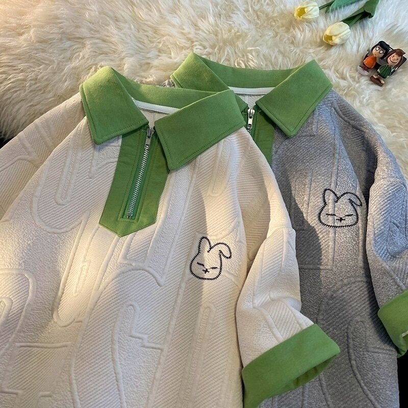 华夫格撞色提花POLO领兔子刺绣半袖T恤衫5529-P42控55女款图片