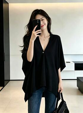宽松慵懒风黑色v领针织开衫女2026夏大码胖mm中长款披肩外搭上衣