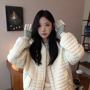 泡芙菱格羽绒棉服秋冬方格短款小个子时尚轻薄棉衣夹棉宽松外套女