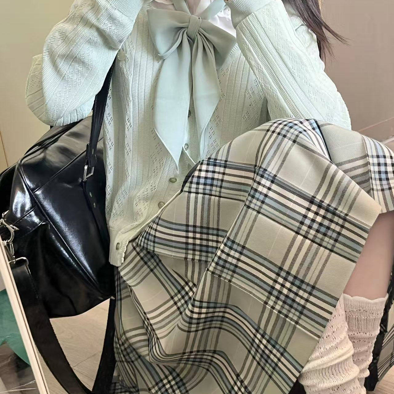 茉央/hihilucky原创jk制服清新格裙绿色百褶裙女半身裙学院风