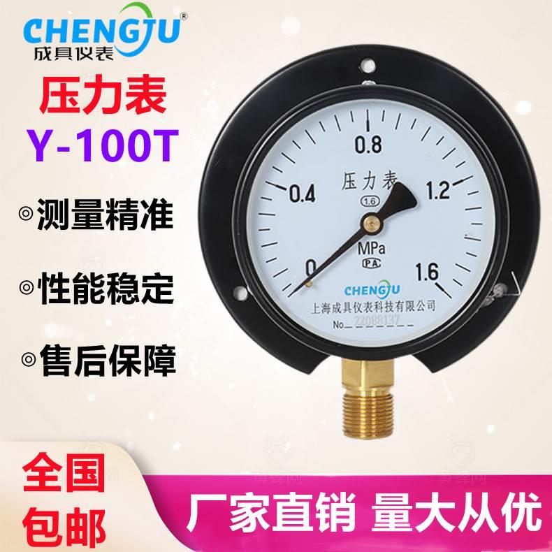 上海成具仪表Y-100T径向带边压力表0-1.6MPA船用面板式气压水压表