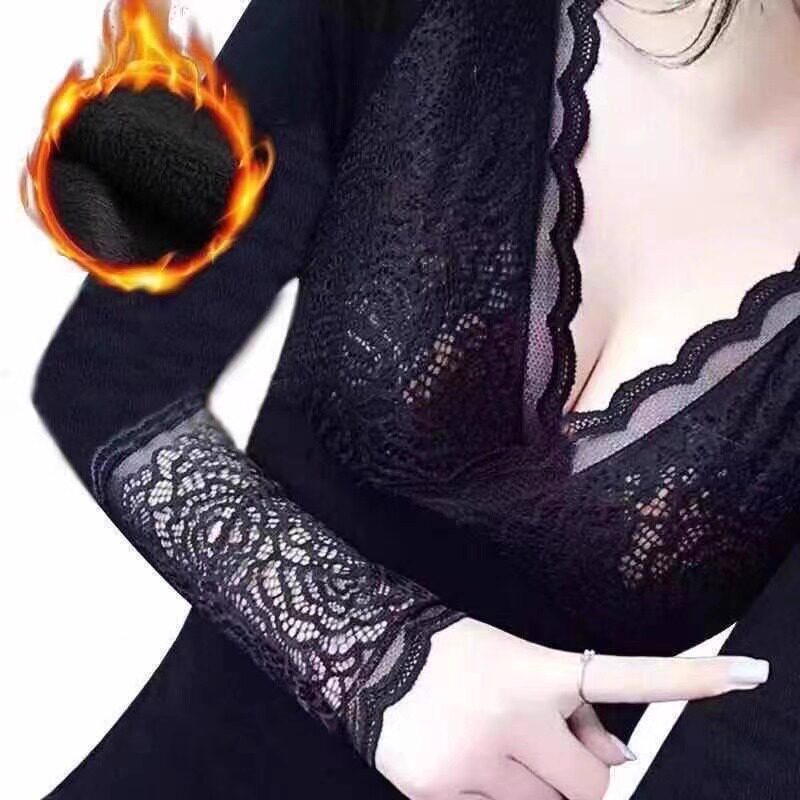 秋冬款加绒加厚打底衫女蕾丝V领修身显瘦长袖T恤内搭洋气小衫上衣