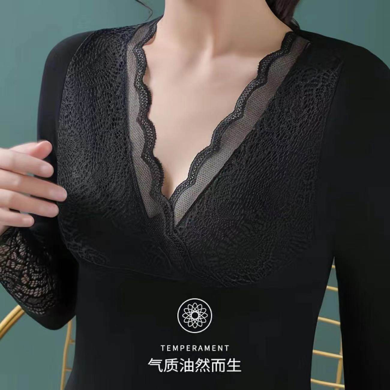 秋冬加绒蕾丝V领打底衫女显瘦厚加厚长袖T恤中式旗袍内搭洋气小衫