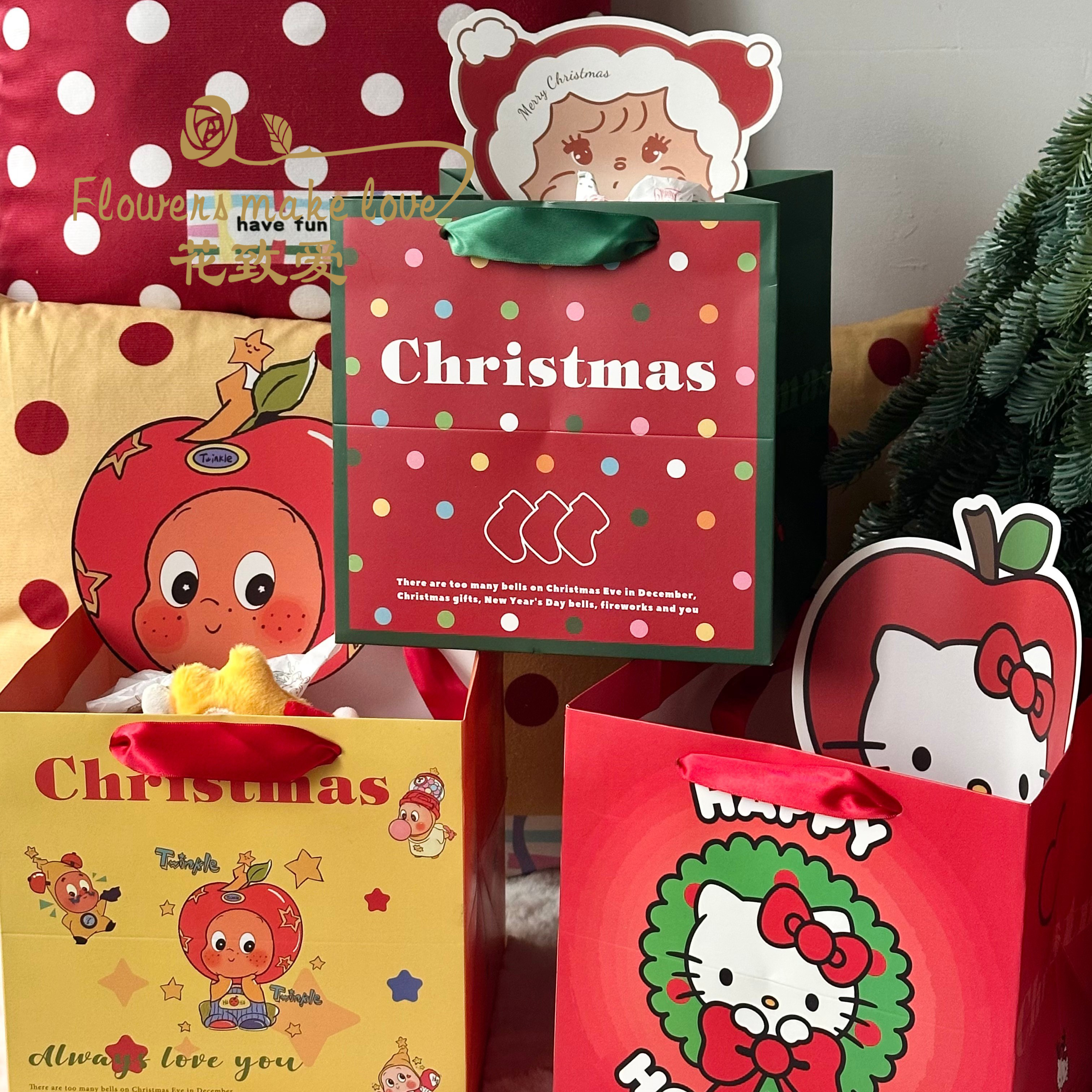 圣诞节新款圣诞卡通系列方形手提袋原创设计鲜花礼物包装手提袋