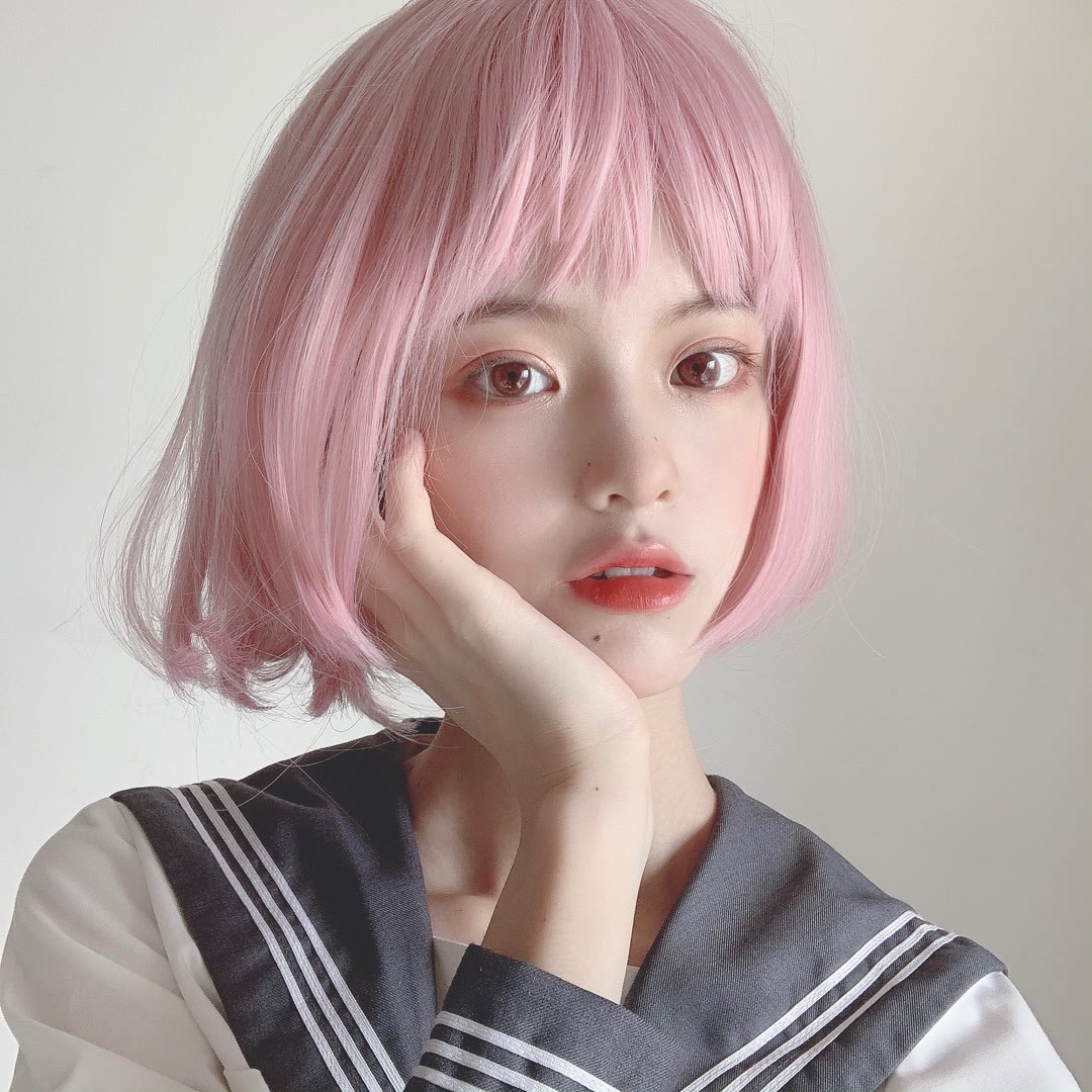 假发女短bobo波波头自然修脸粉色