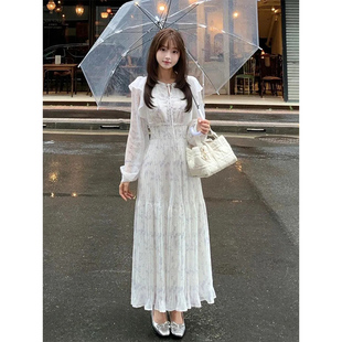 清楚系千金感碎花系带长袖连衣裙女早秋温柔风荷叶边收腰百褶长裙