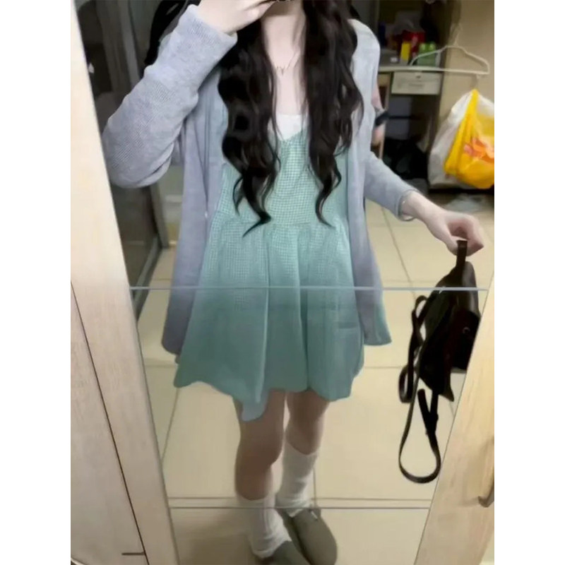 韩系温柔甜美套装女秋季2025新款小清新绿格子连衣裙+开衫两件套