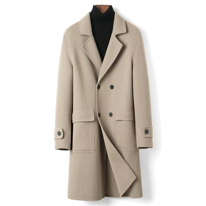 秋冬手工双面羊绒大衣男休闲长款竖纹双面呢风衣S86015-P480，男装风衣，电商A237