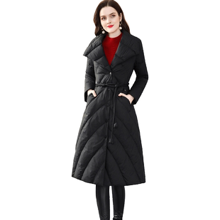 茗思黑色中长款轻薄羽绒服女冬季新款气质收腰显瘦保暖鸭绒外套