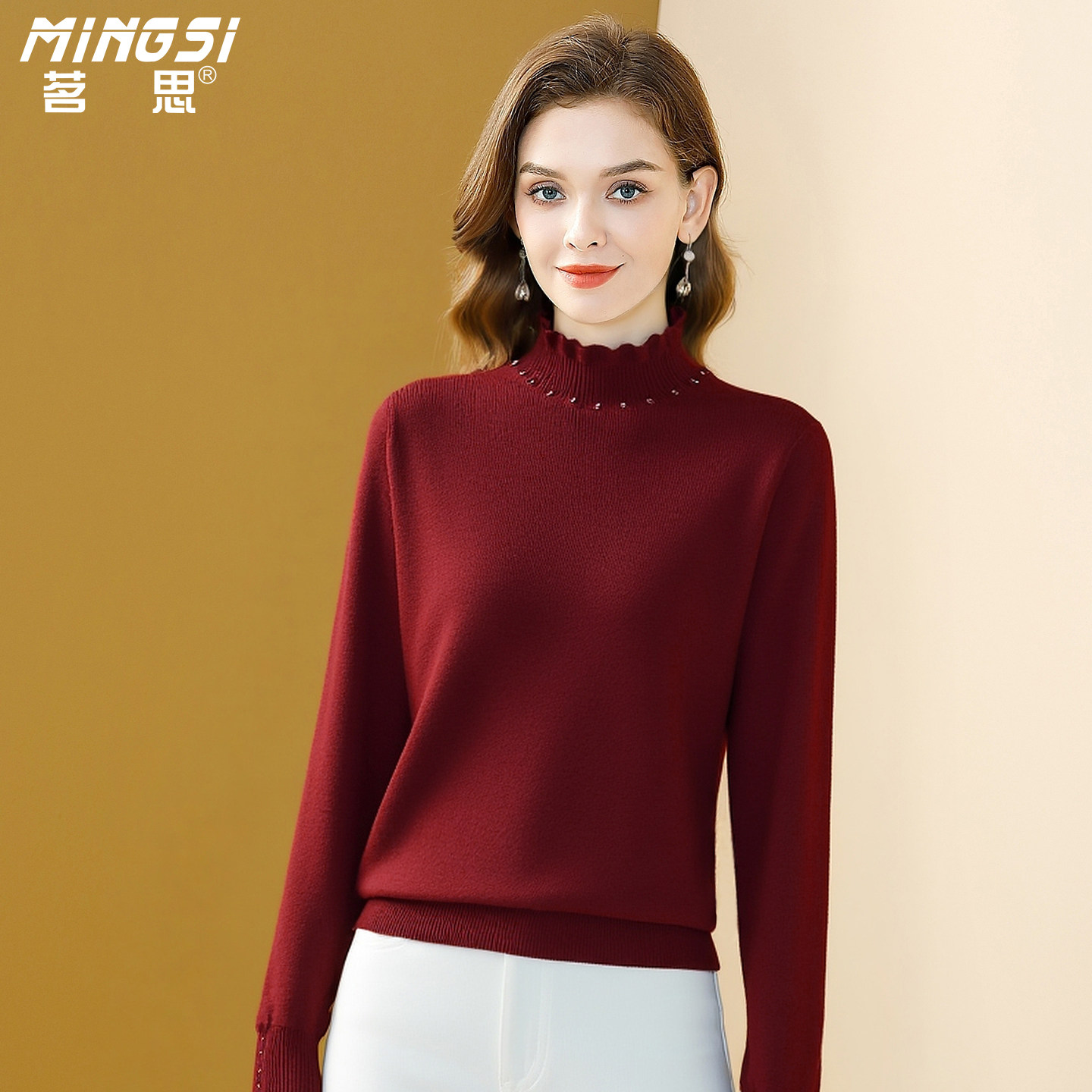 时尚红色简约钉珠半高领针织衫女