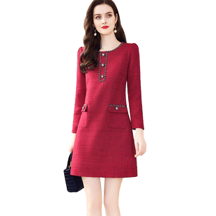 茗思小香风红色连衣裙女2026春季新款气质轻奢长袖小个子显瘦裙子