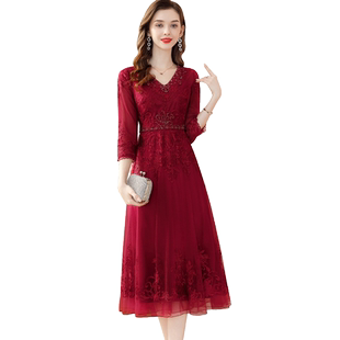 茗思时尚气质网纱镶钻连衣裙女2026春季新款重工绣花红色优雅长裙