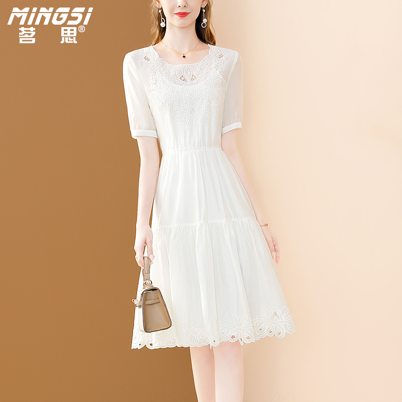 茗思显瘦刺绣天丝连衣裙全场满减
