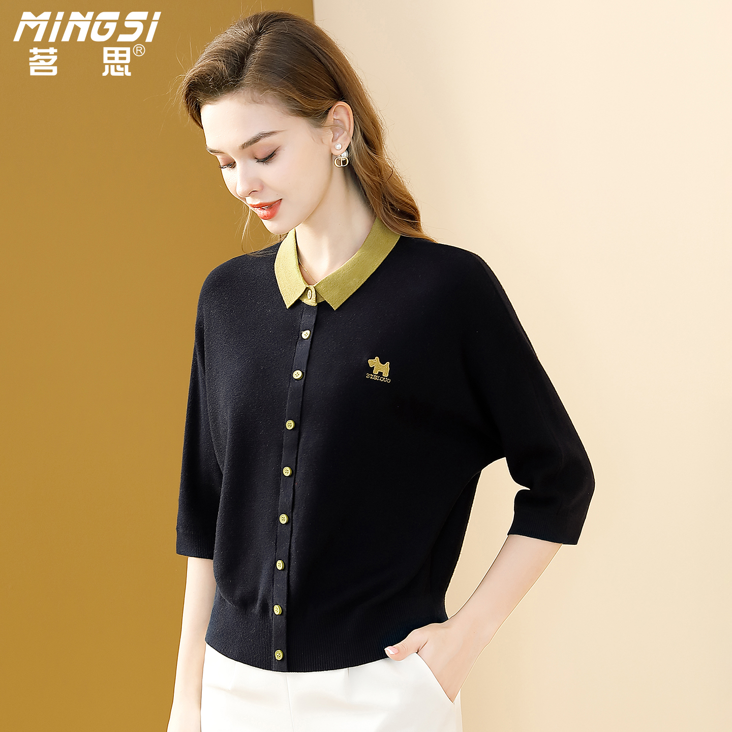 时尚洋气刺绣撞色翻领针织衫女