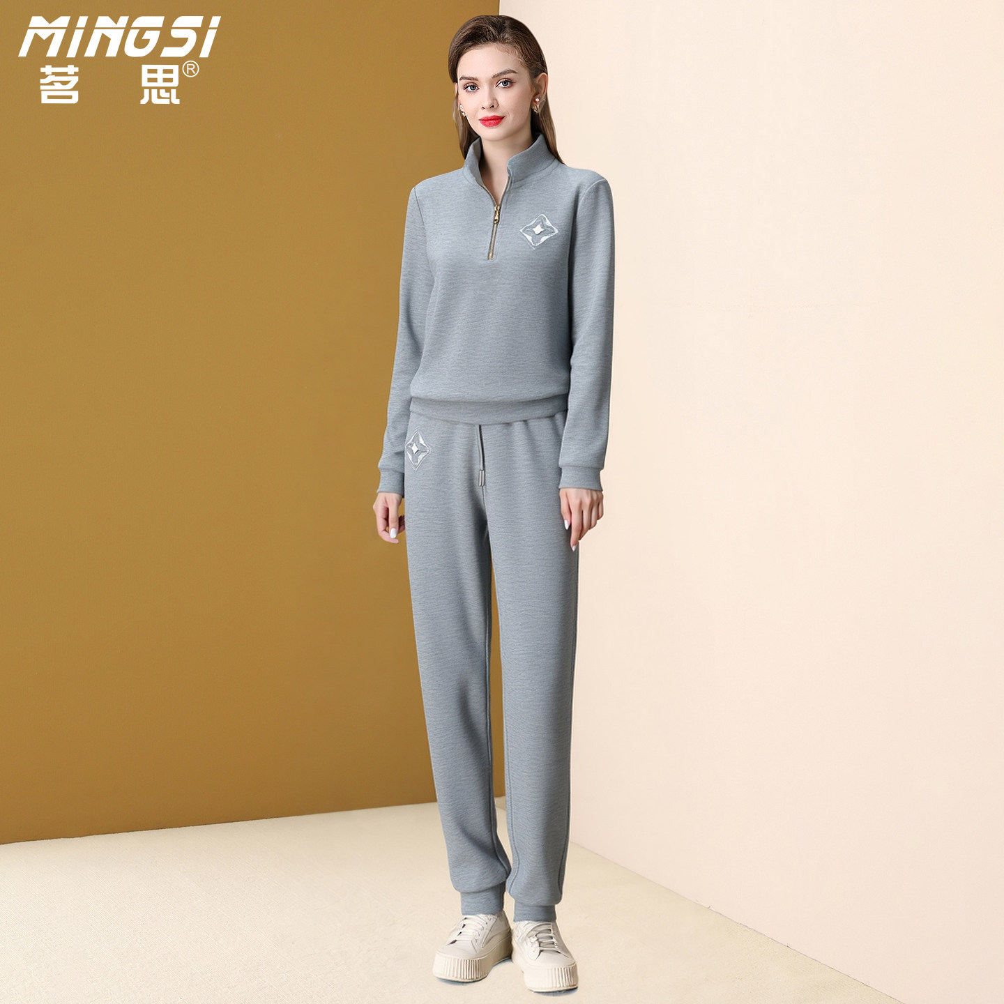 茗思灰色休闲运动套装女2026春季新款半拉链卫衣束脚裤显瘦两件套,女装/女士精品,时尚套装,淘宝优惠券,粉丝福利购,淘宝优惠卷