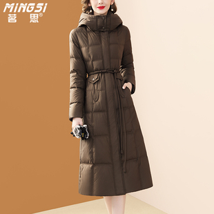 时尚 2024新款 系带连帽保暖外套 加厚白鸭绒羽绒服女冬季 茗思中长款