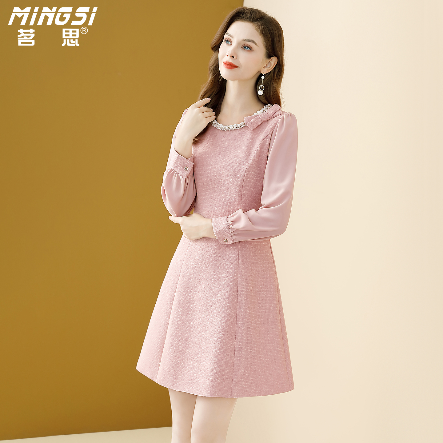 名媛气质钉珠粗花呢连衣裙女