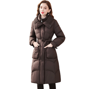 茗思冬季中长款加厚羽绒服女2024新款气质纯色系带保暖白鸭绒外套