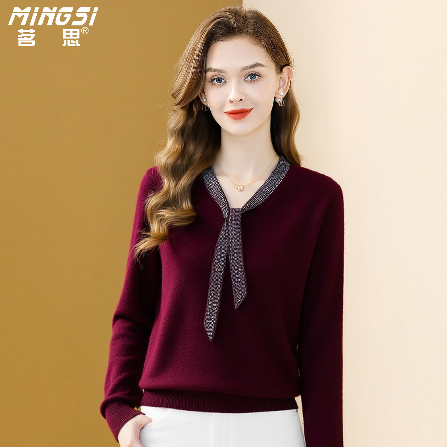 纯羊毛飘带V领百搭长袖针织衫女