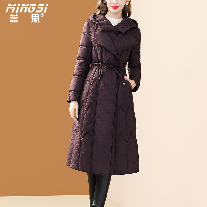 气质连帽白鸭绒中长款加厚羽绒服