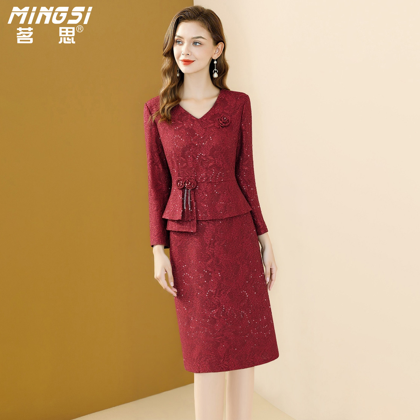 茗思重要场合连衣裙女2026春季新款轻奢优雅V领显瘦红色蕾丝裙子