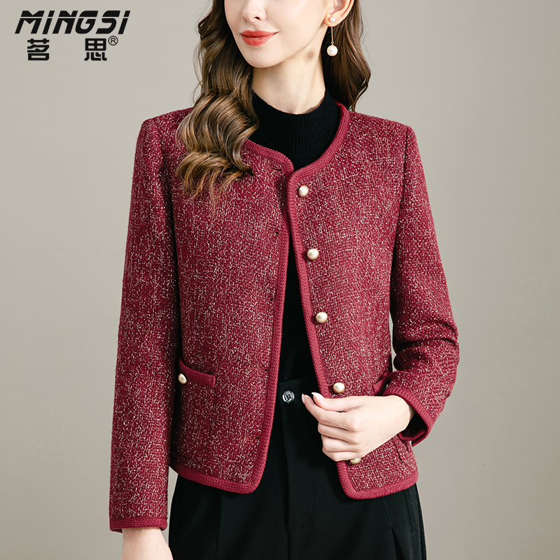 红色小香风开衫毛呢短外套冬季